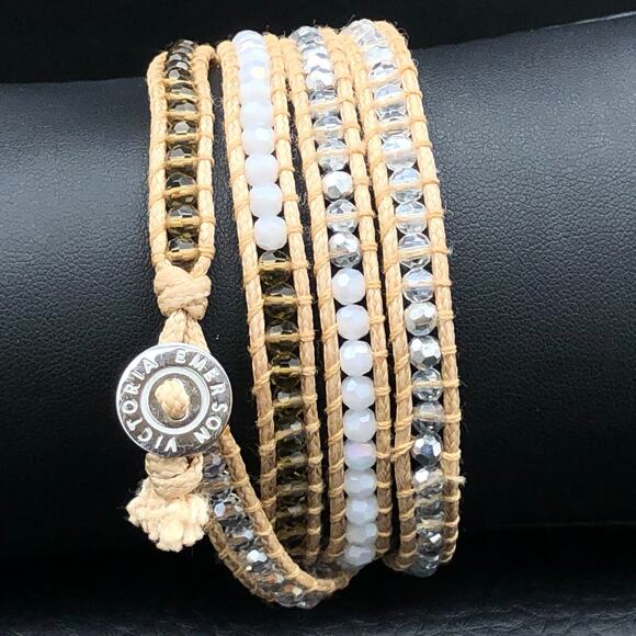 Victoria Emerson Bracelet 34" Beaded Boho Wrap Neutral Tan Crystals w/ Pouch - Picture 3 of 5